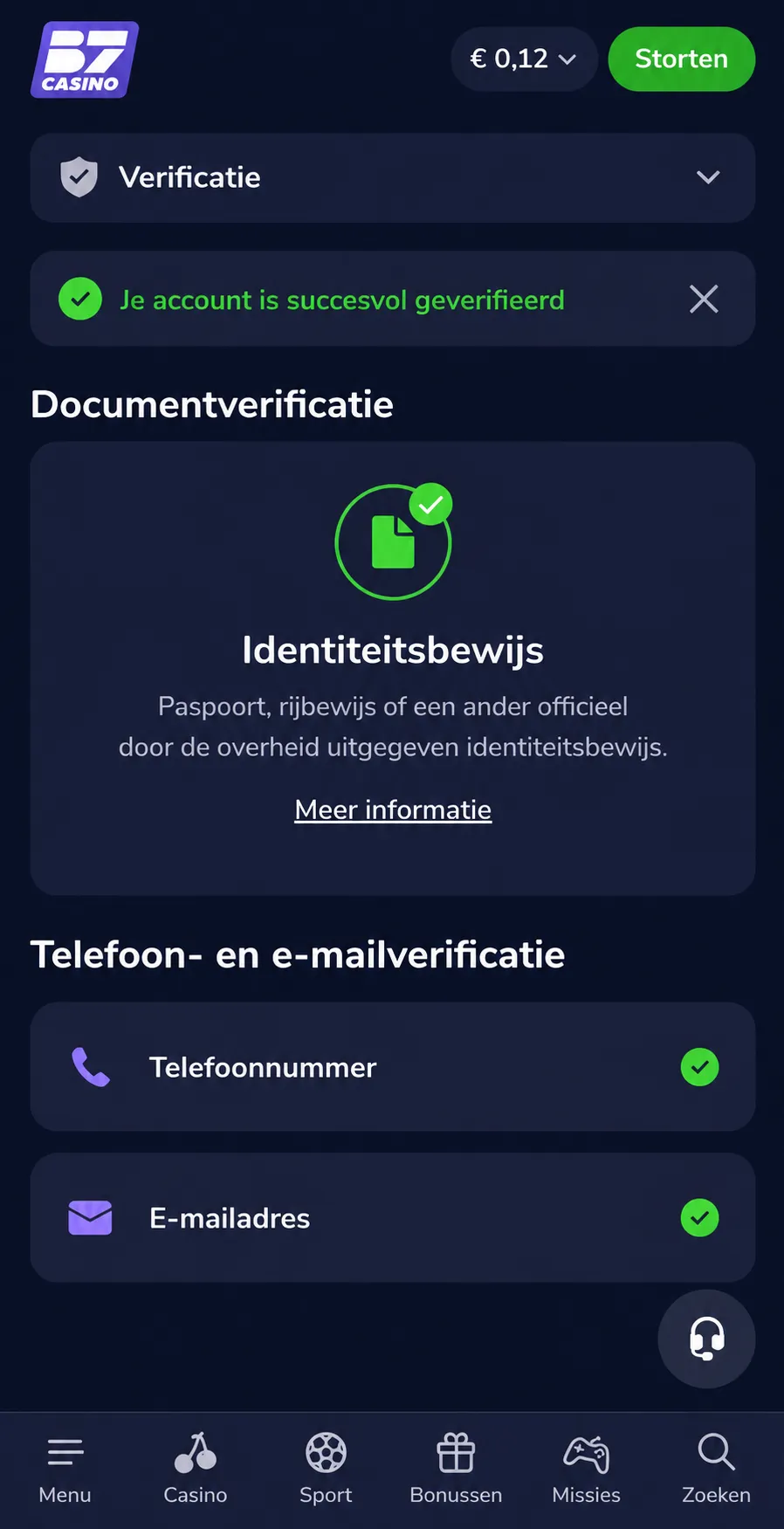 Accountverificatie bij B7 Casino met documentcontrole en e-mailbevestiging