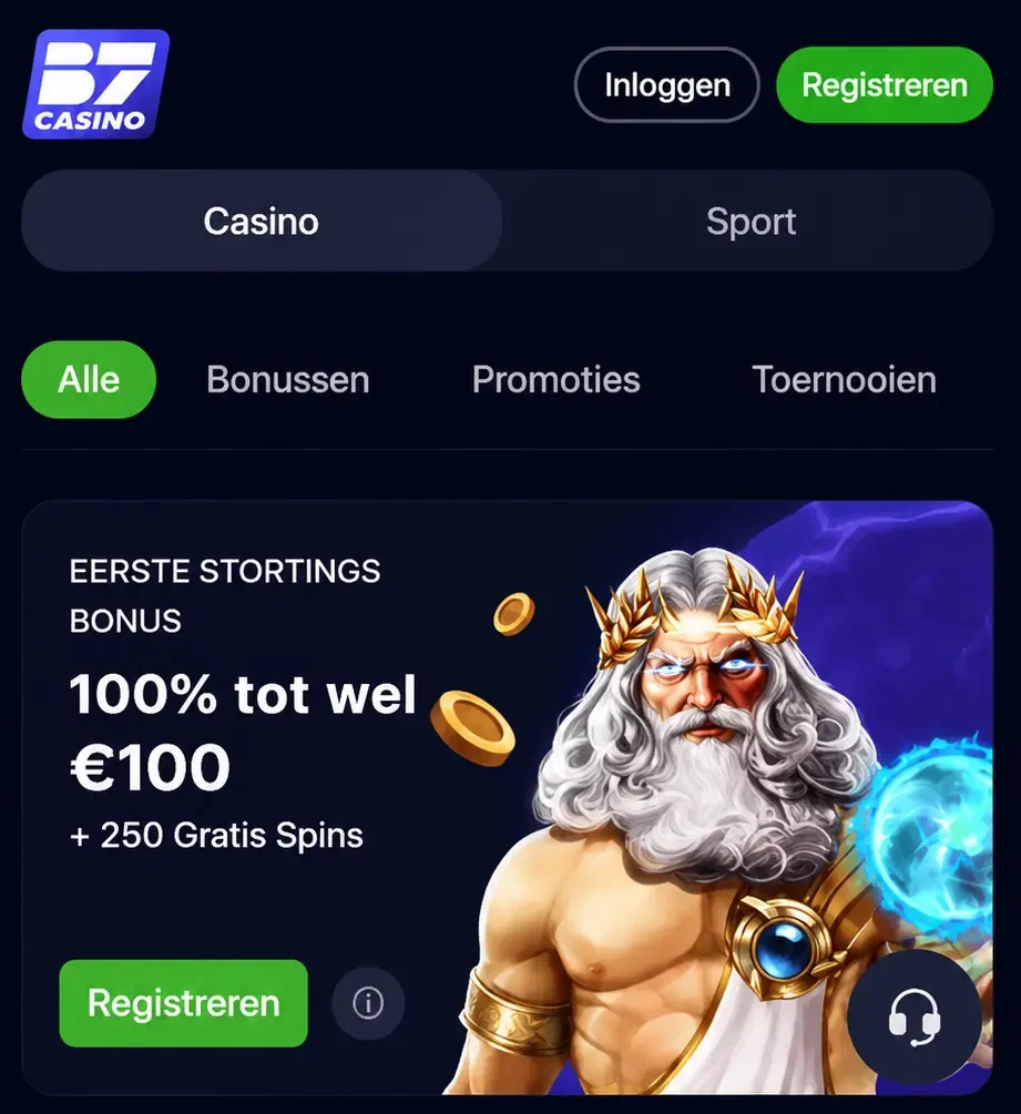 De mobiele website van B7 Casino op een smartphone met inlogknop, bonusoverzicht en categorie&euml;n