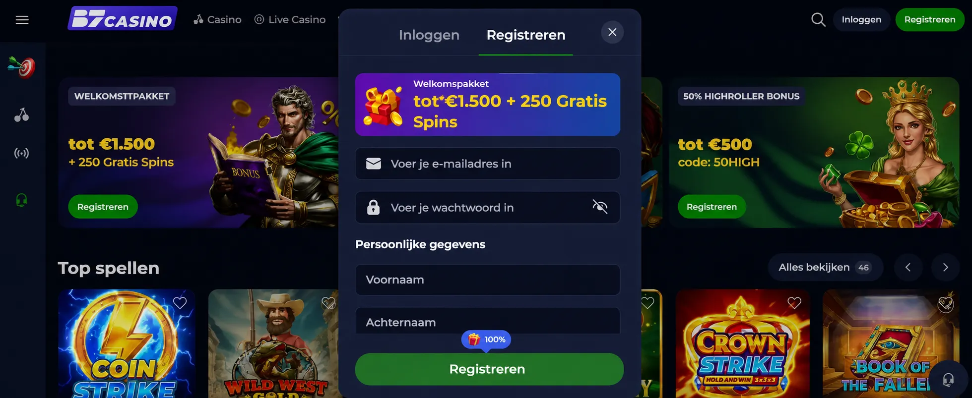 Registratiescherm met e-mail, wachtwoord en persoonsgegevens, volledig in het Nederlands